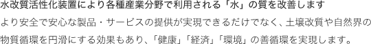 水改質活性化装置により各種産業分野で利用される「水」の質を改善します より安全で安心な製品・サービスの提供が実現できるだけでなく、土壌改質や自然界の物質循環を円滑にする効果もあり、「健康」「経済」「環境」の善循環を実現します。